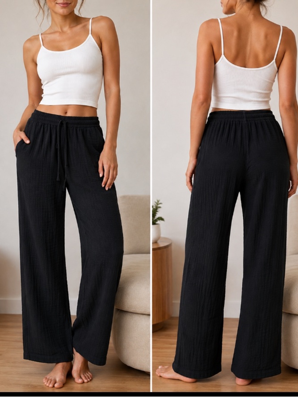 Aritzia Black Wide-Leg Lounge Pants with Drawstring